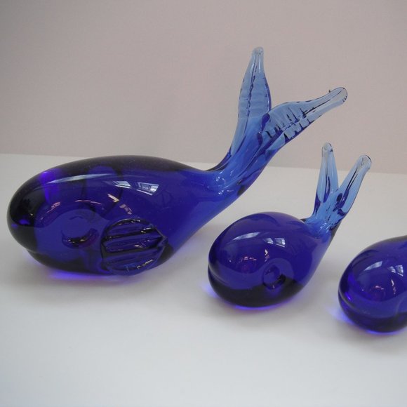 Lot of 3 Murano Art Glass Style Whale Cobalt Blue Paperweight Figurine Vintage - Picture 8 of 8